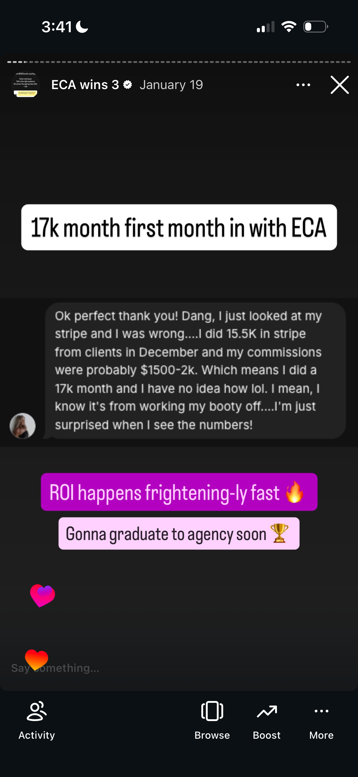 Revenue screenshot from Isabella C. in Miami