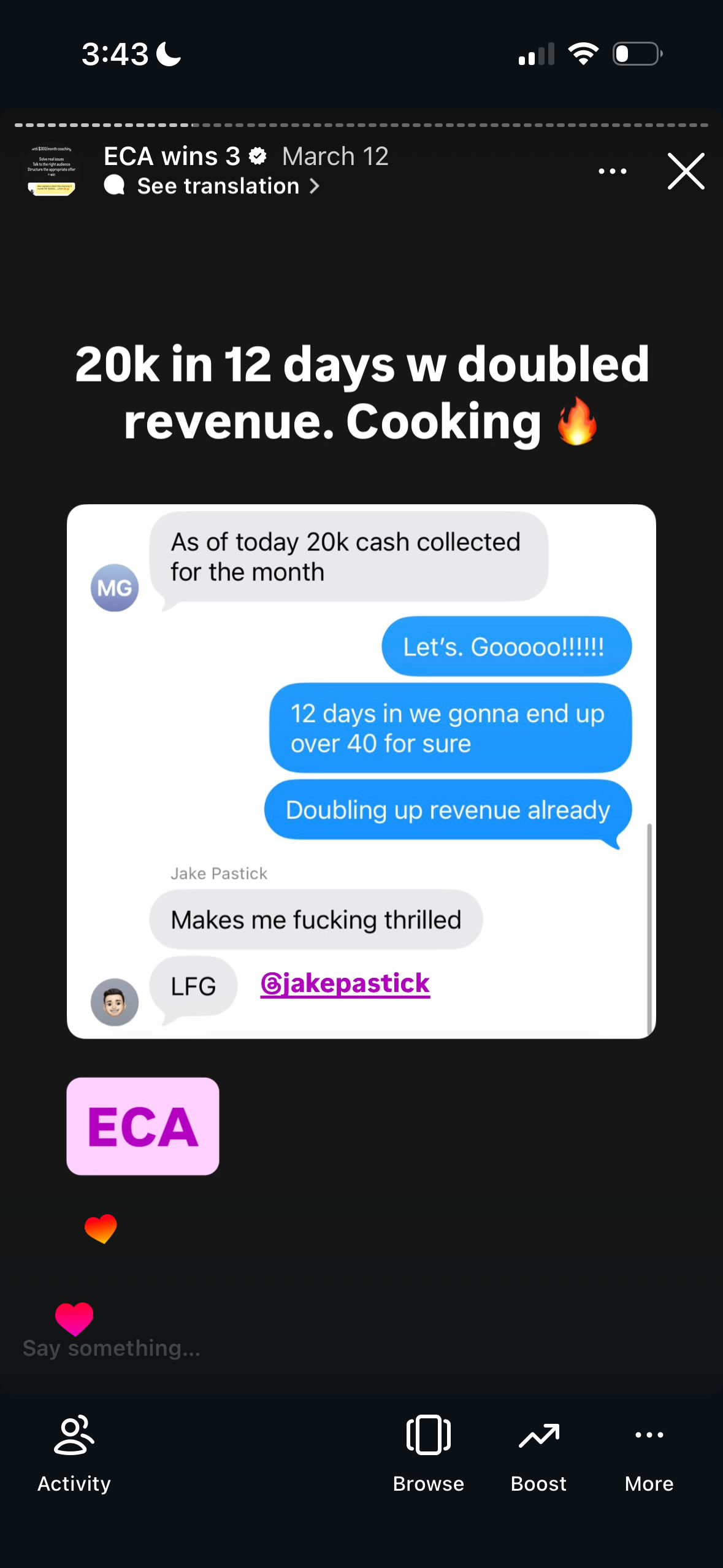 Revenue screenshot from Tyler H. in Austin