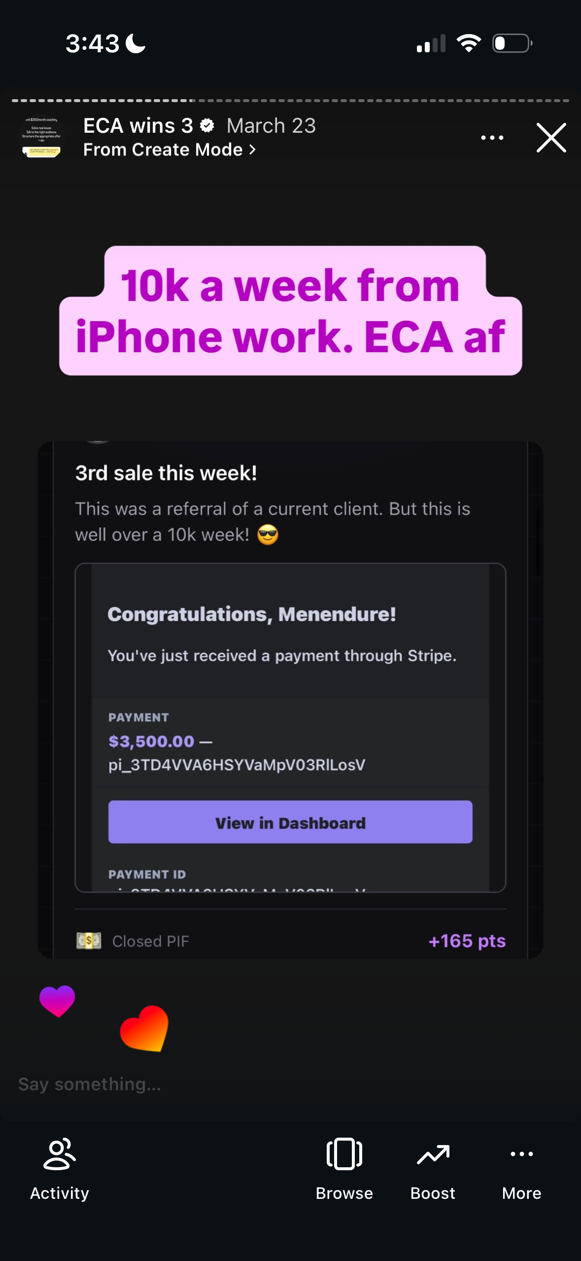 Revenue screenshot from Chris M. in Dallas