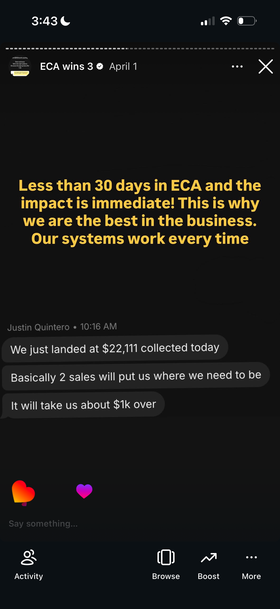 Revenue screenshot from Justin Q. in Chicago