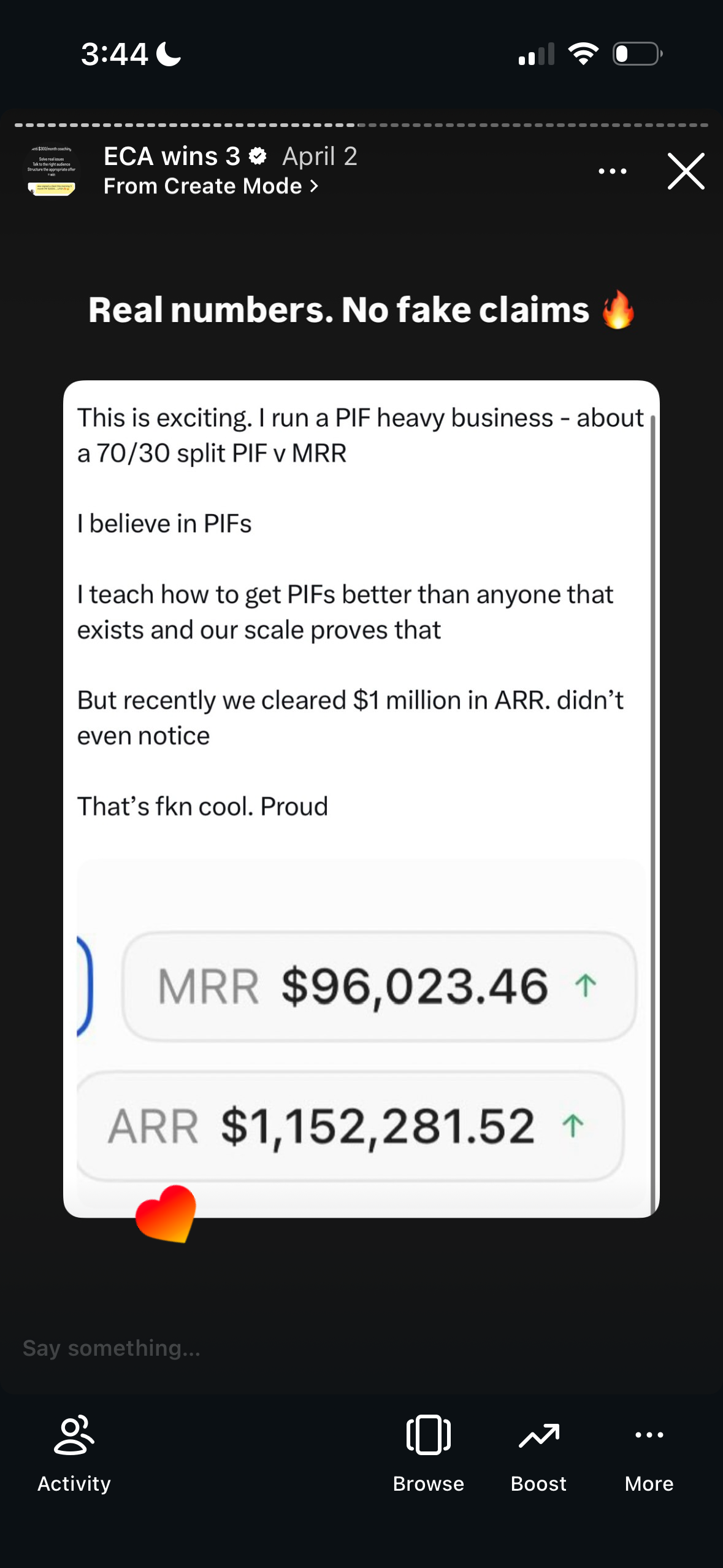 Revenue screenshot from James and Sarah V. in Boston