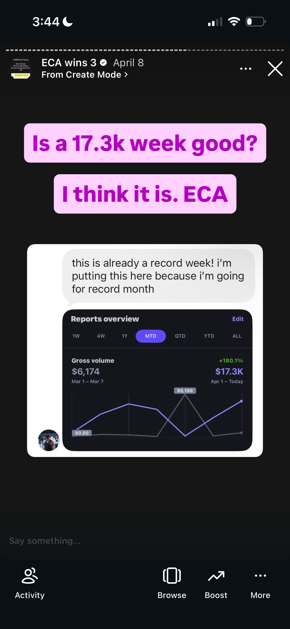 Revenue screenshot from Sarah L. in Houston