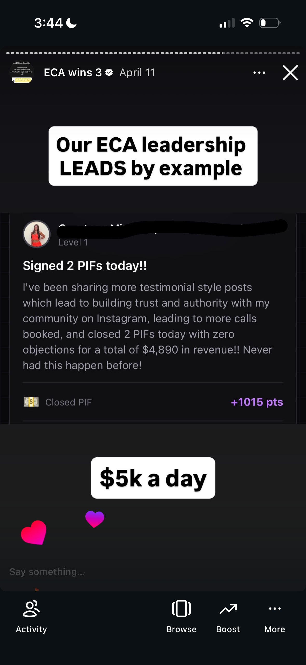 Revenue screenshot from Hannah D. in Charlotte