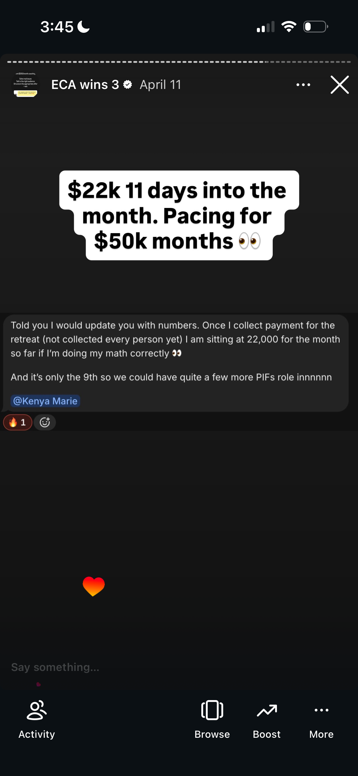 Revenue screenshot from Kenya M. in Charlotte