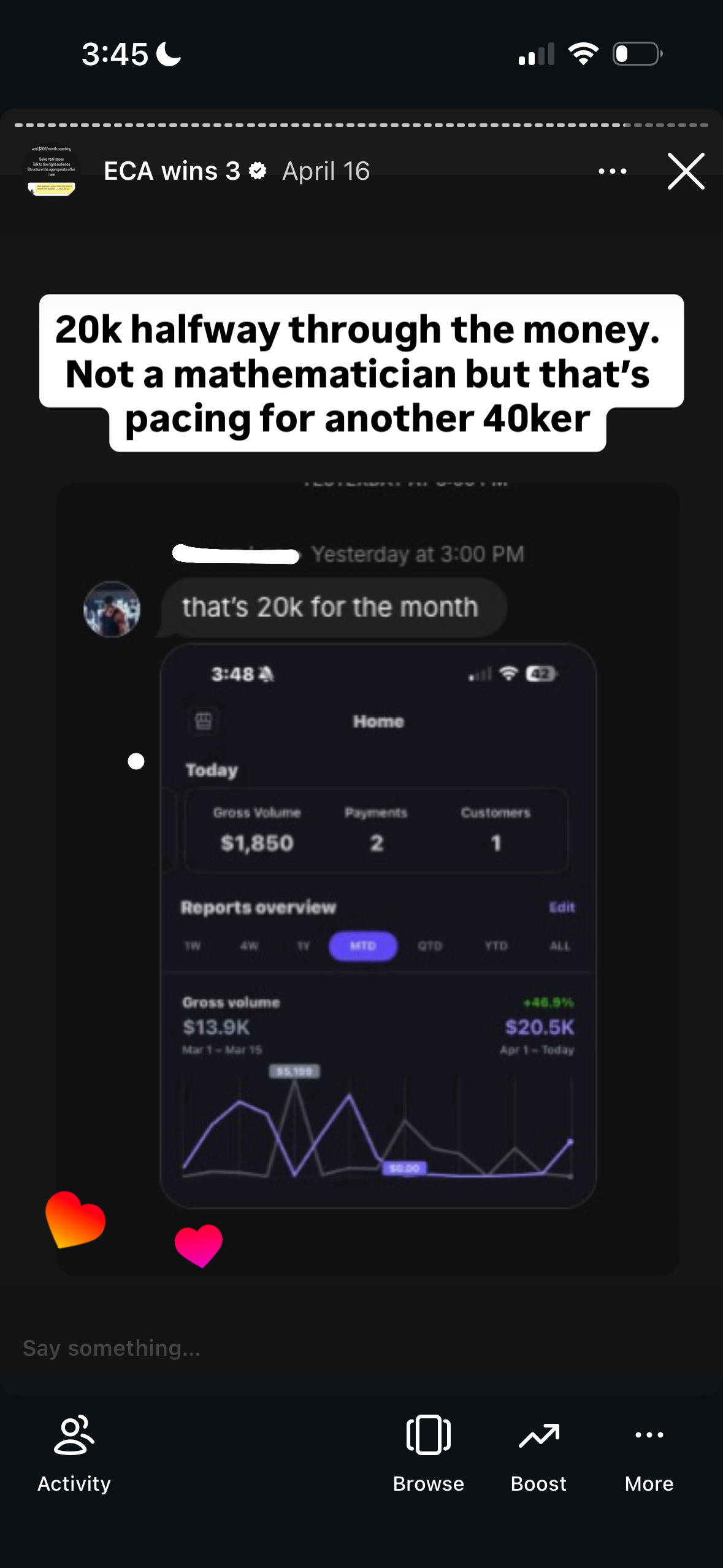 Revenue screenshot from Brandon K. in Jacksonville