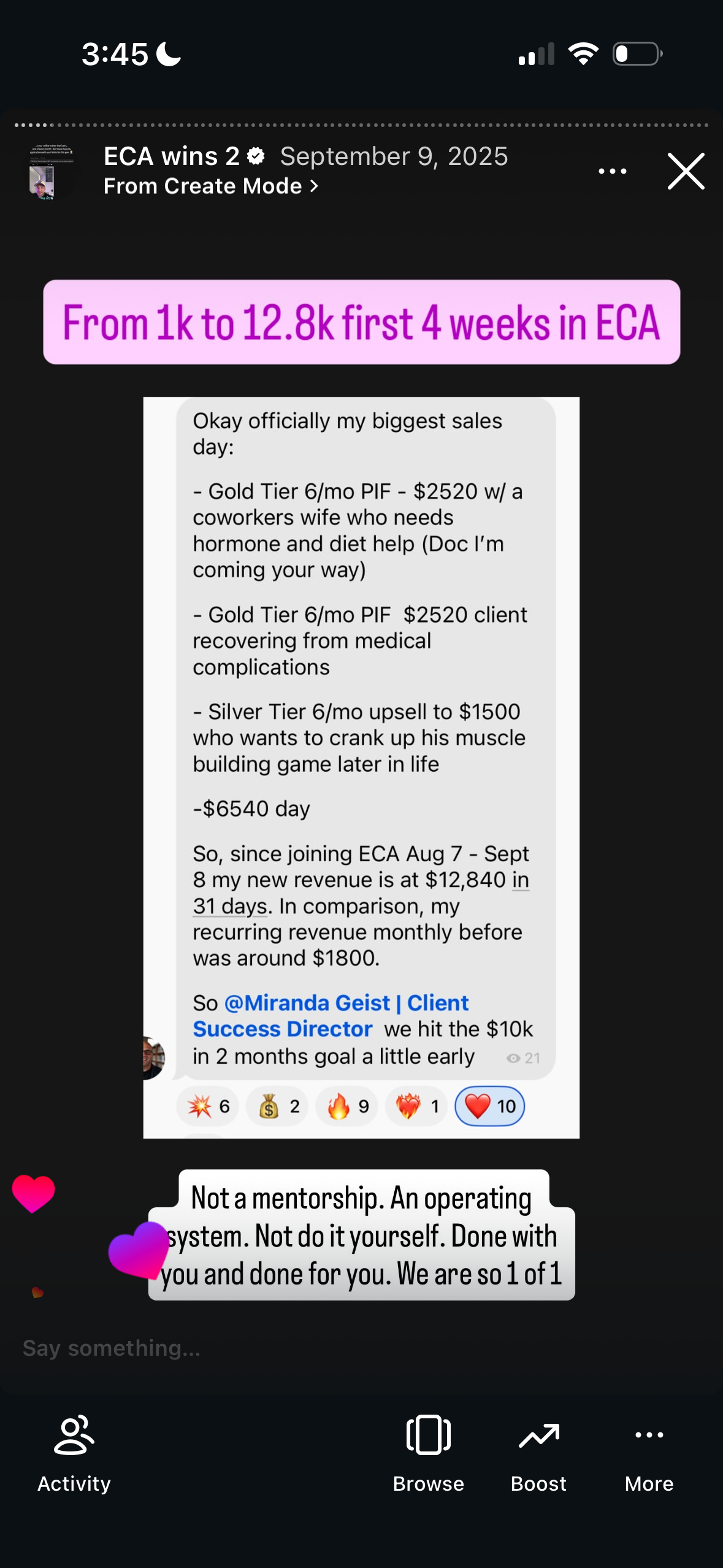 Revenue screenshot from Miranda G. in Fort Worth