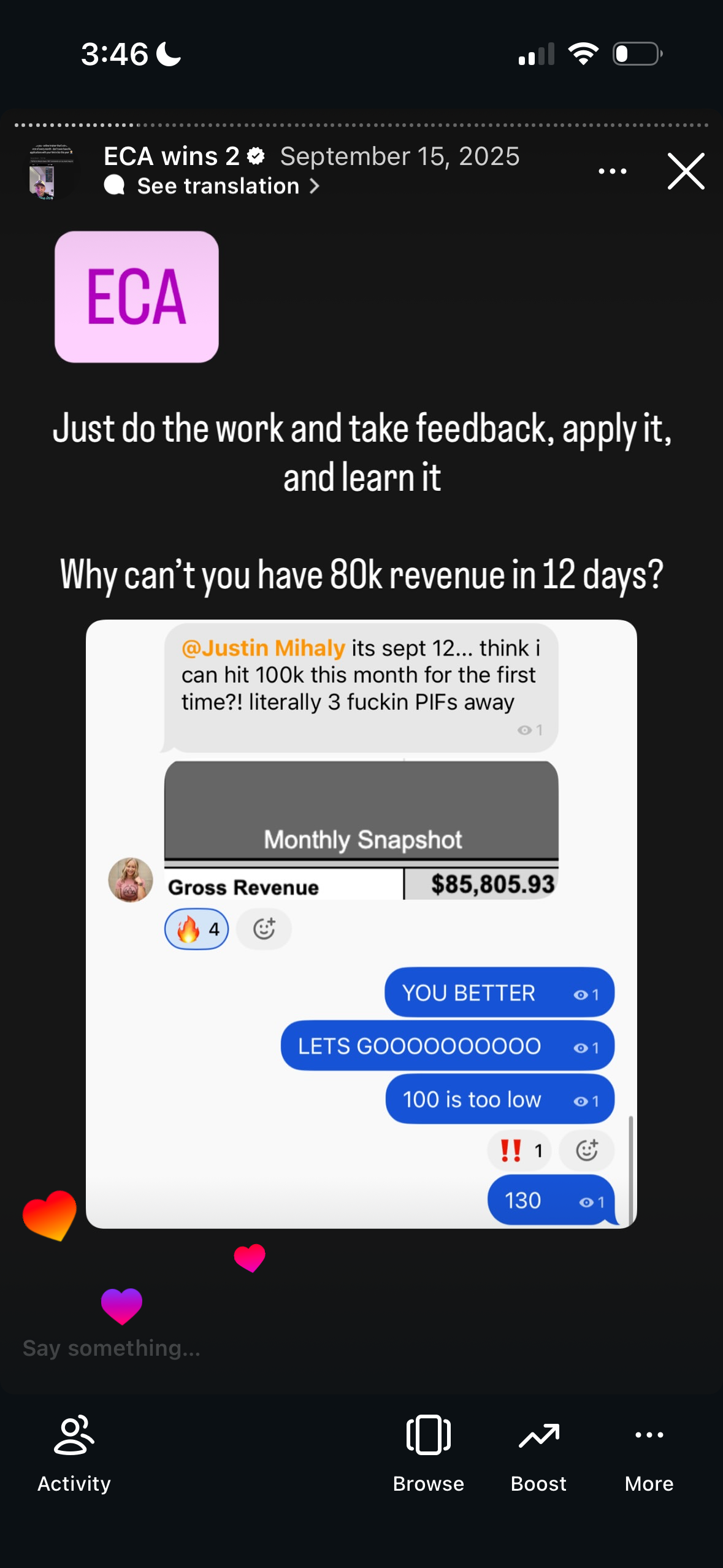 Revenue screenshot from Jordan F. in Austin